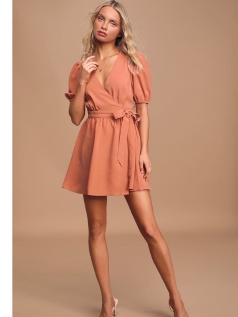 NWT Lulu’s My Favorite Person Rusty Rose Puff Sleeve Wrap Mini Dress Western